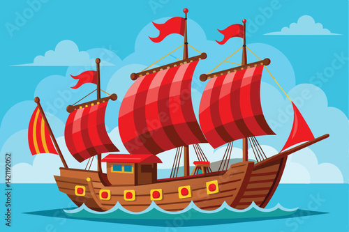 Illustration of a vibrant pirate ship with bright red sails navigating the blue ocean under a clear sky. Perfect for themes of adventure and exploration.
