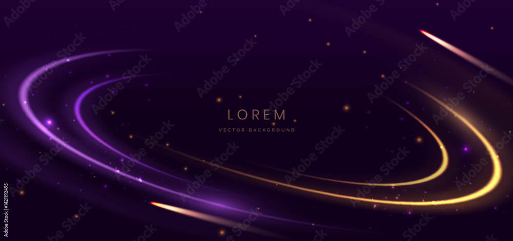 Fototapeta premium Elegant glowing purple and gold curve ray light ray on dark purple background.