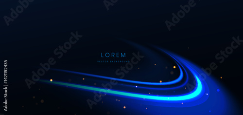 Blue glowing ray curved light on dark background with copy space for text.