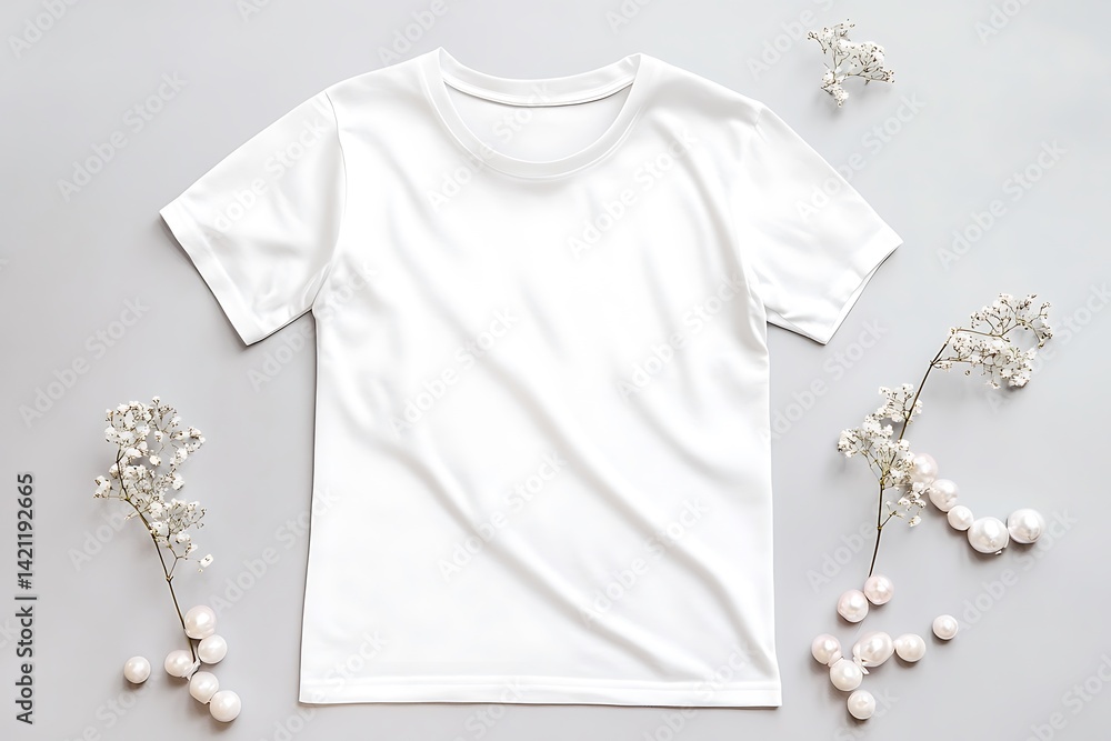 White T-Shirt Mockup with Floral Accents on a Light Gray Surface