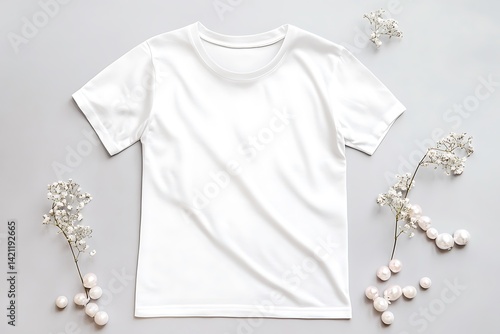 Obraz na płótnie White T-Shirt Mockup with Floral Accents on a Light Gray Surface w salonie