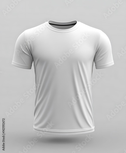 White T-shirt On Gray Background Featuring Short Sleeves Crew Neck and Cotton Fabric
