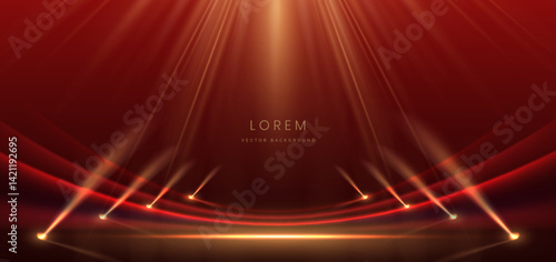 Scene elegant red curved ray with gold lighting effect sparkle on dark red background.