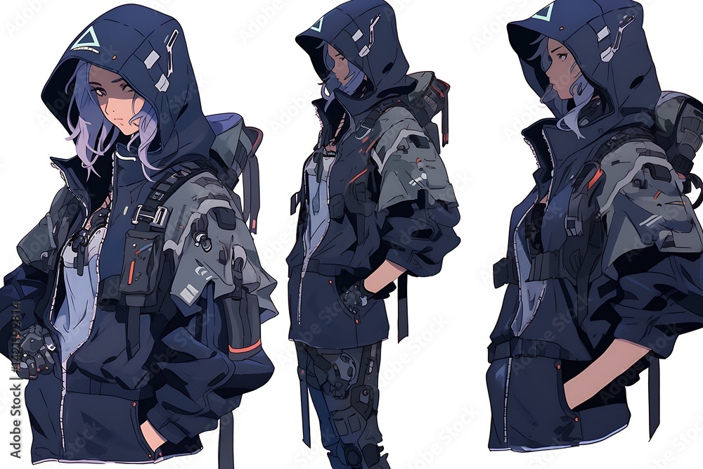Woman in a Futuristic Black Hoodie in Digital Illustration Set Against White Backdrop