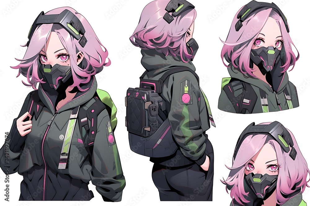 Woman In Black And Green Techwear Outfit With Pink Hair And Mask