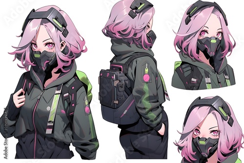 Obraz na płótnie Woman In Black And Green Techwear Outfit With Pink Hair And Mask w salonie