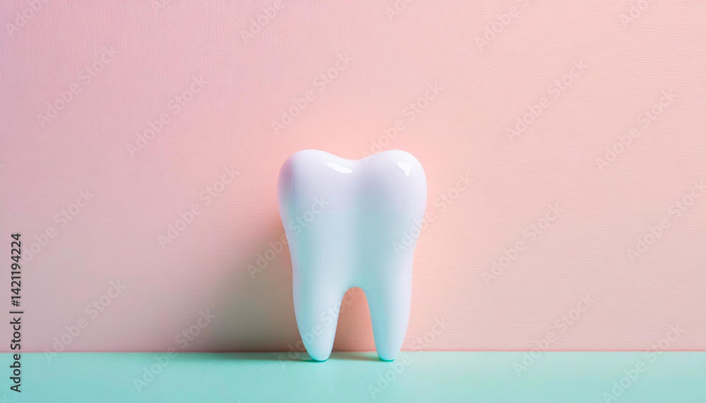 White tooth model on pink background. Dental care, oral hygiene, teeth health, dental treatment, clean smile, healthy teeth concept, professional dentistry