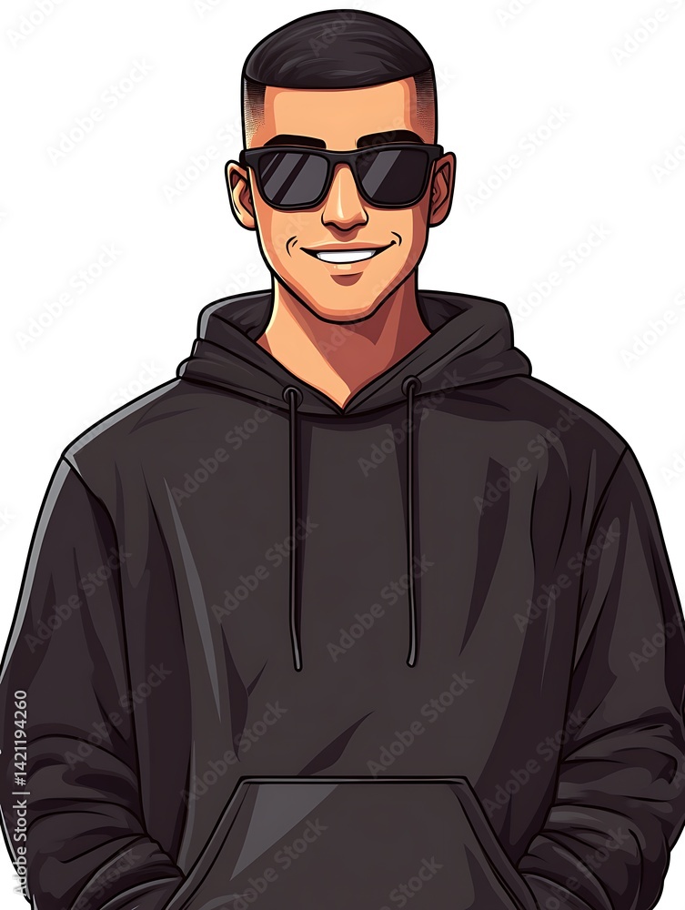 Young Man in Black Hoodie and Sunglasses Smiling with Digital Art Style