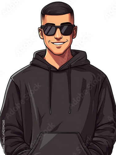 Obraz na płótnie Young Man in Black Hoodie and Sunglasses Smiling with Digital Art Style w salonie