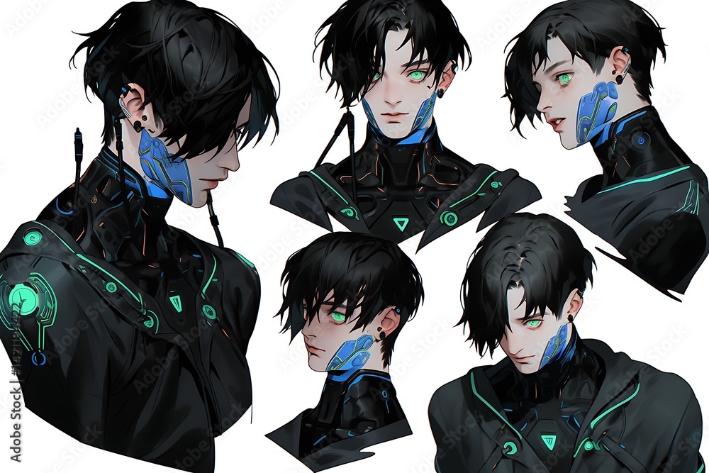 Young Man In Cyberpunk Style Portraits with Neon Details and Black Attire