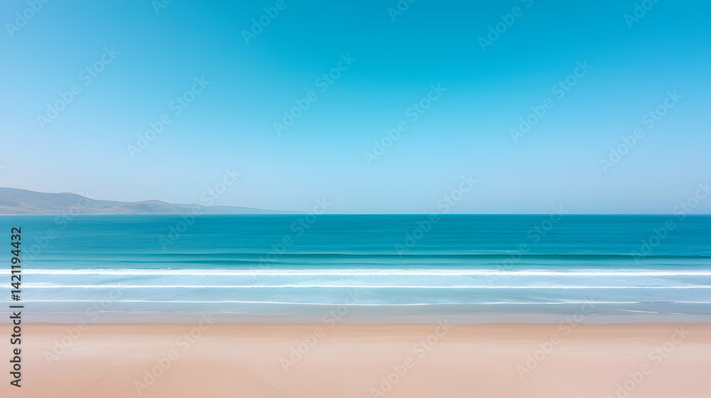 Fototapeta premium Tranquil Beach Scene: Azure Ocean Meets Golden Sand Under a Clear Blue Sky