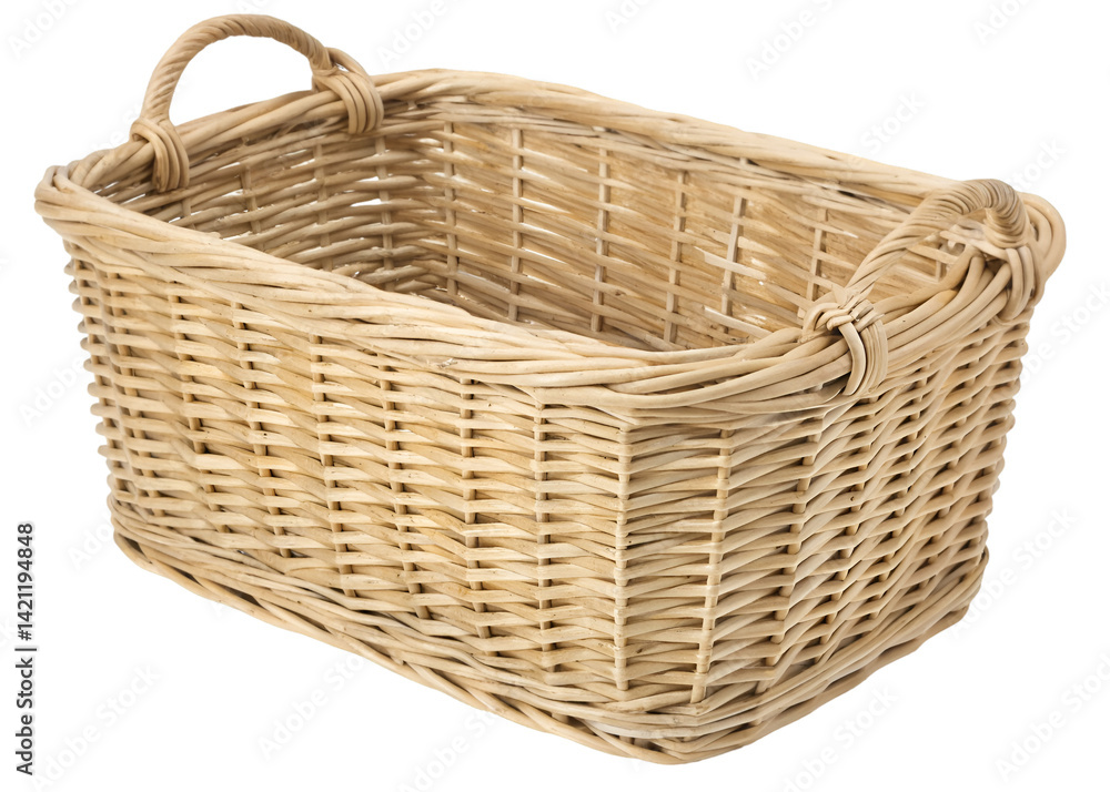 Natural handwoven wicker basket with two looped handles, crafted from light rattan or willow, perfect for storage, home decor, or rustic presentation, isolated on transparent background. Natural handwoven wicker basket with two looped handles, crafted from light rattan or willow, perfect for storage, home decor, or rustic presentation, isolated on transparent background.