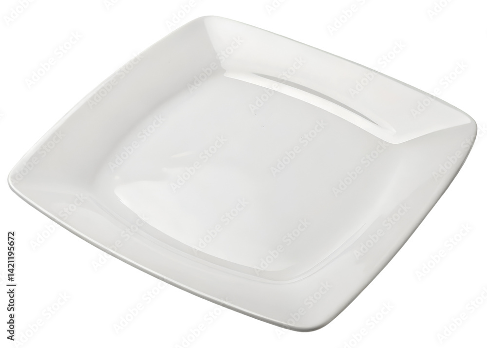 Modern white ceramic plate with softly curved square edges and glossy surface, minimalist tableware for dining or food presentation, isolated on transparent background. Modern white ceramic plate with softly curved square edges and glossy surface, minimalist tableware for dining or food presentation, isolated on transparent background.