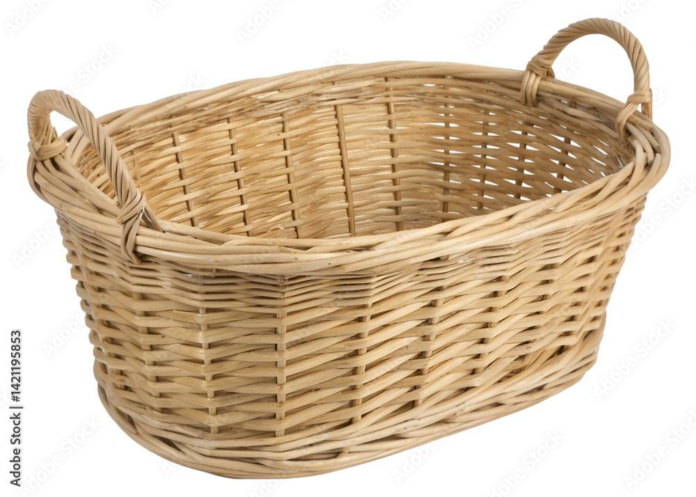 Natural handwoven wicker basket with two looped handles, crafted from light rattan or willow, perfect for storage, home decor, or rustic presentation, isolated on transparent background. Natural handwoven wicker basket with two looped handles, crafted from light rattan or willow, perfect for storage, home decor, or rustic presentation, isolated on transparent background.