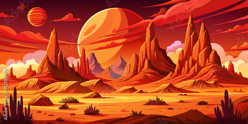 Amazing Desert planet landscape with beautiful magnificent red rocks and a starry sky, Vector flat minimalistic illustration in digital art style