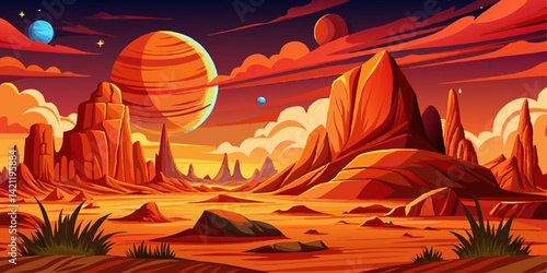 Amazing Desert planet landscape with beautiful magnificent red rocks and a starry sky, Vector flat minimalistic illustration in digital art style