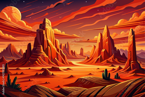 Amazing Desert planet landscape with beautiful magnificent red rocks and a starry sky, Vector flat minimalistic illustration in digital art style