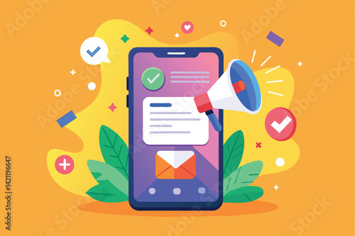 Colorful illustration depicting digital marketing with a smartphone and megaphone, symbolizing communication and technology.