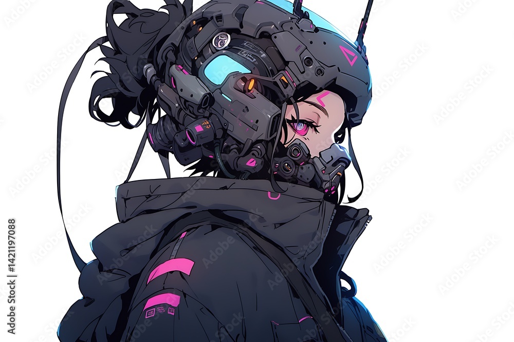 Young Woman Portrait With Cyberpunk Futuristic Tech Headgear And Neon Accents