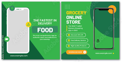 Food delivery and grocery online store app promotion marketing banner