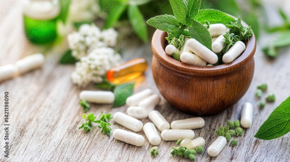 Herbal supplements in a wooden bowl on a light-colored surface Herbal supplements in a wooden bowl on a light-colored surface