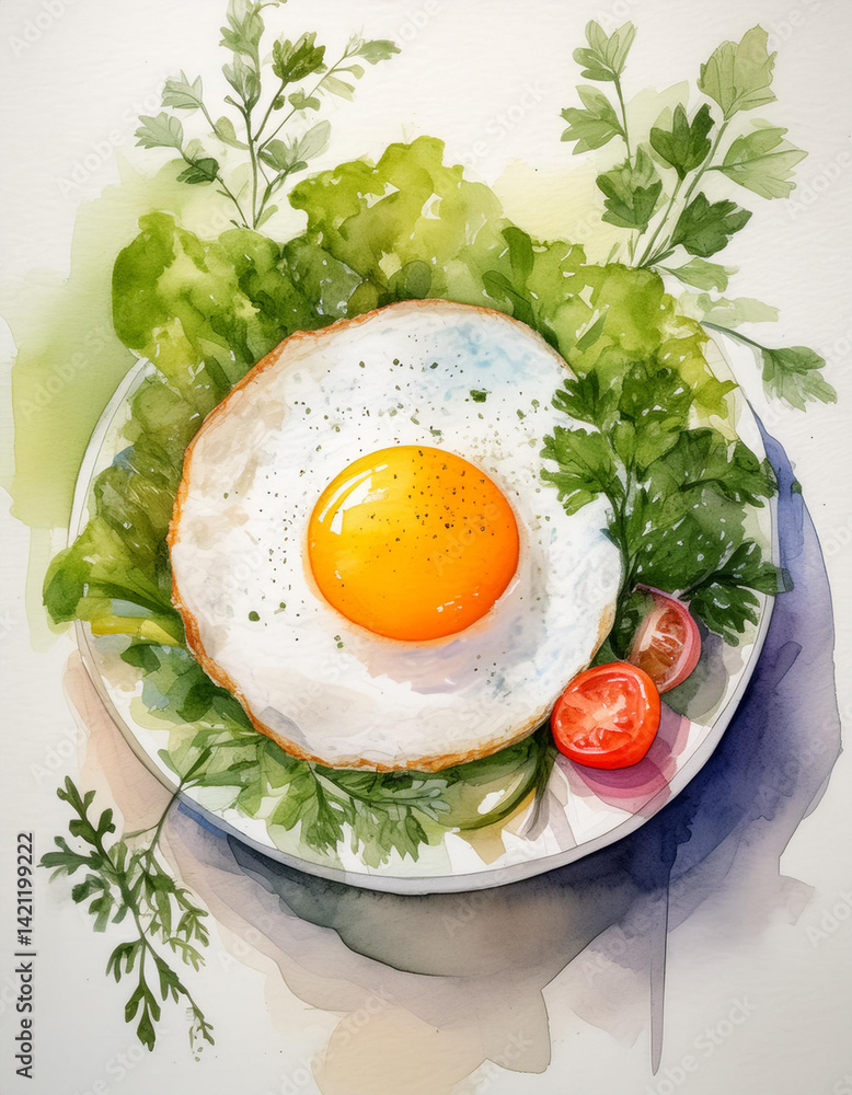 Watercolor fried egg vegetables, salad, tomatoes and greens. Delicious breakfast, healthy diet