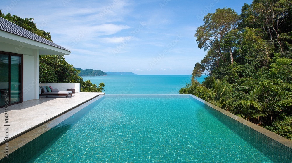 Obraz premium Serene Modern Villa with Infinity Pool Overlooking Tropical Ocean