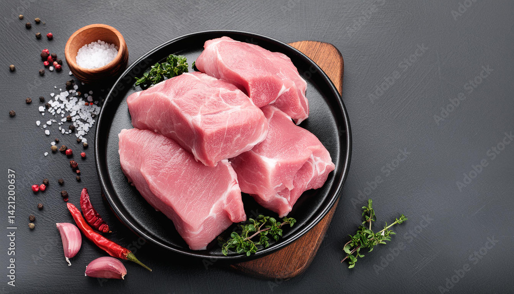 Raw fresh pork meat with peppercorns, green herbs, and spices for barbecue. Cooking ingredient