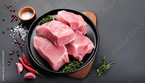 Obraz na płótnie Raw fresh pork meat with peppercorns, green herbs, and spices for barbecue. Cooking ingredient w salonie