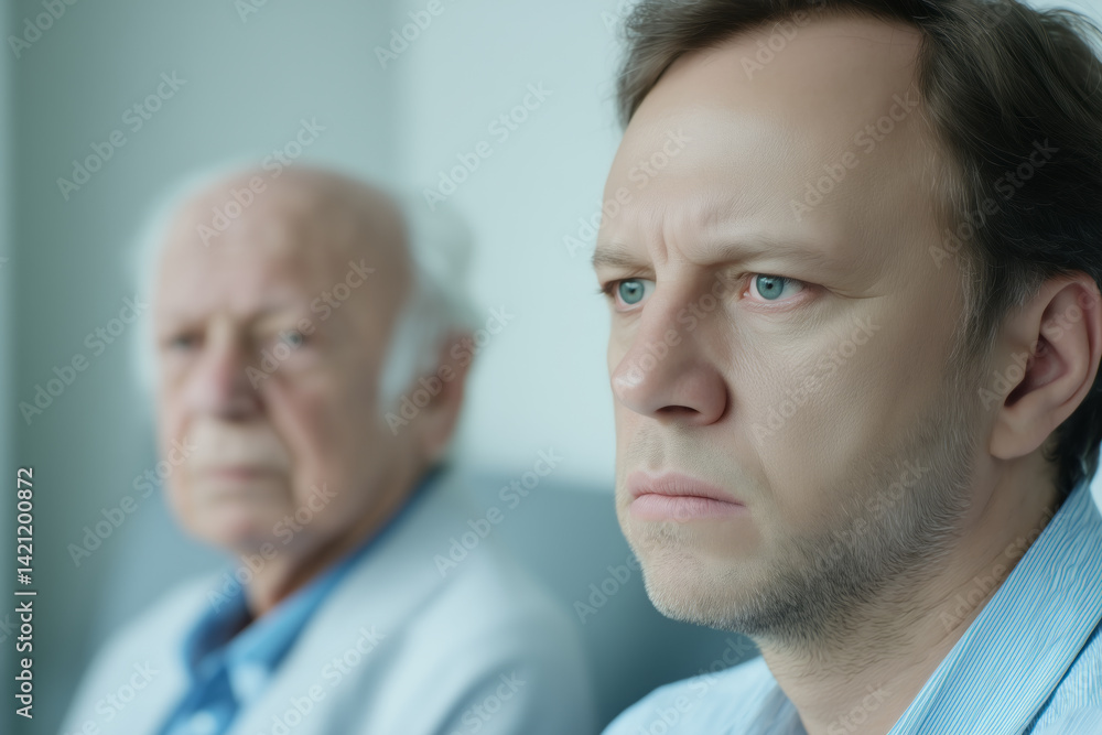 Close-up portrait of a son and his elderly father with an expression of obvious concern on his face Close-up portrait of a son and his elderly father with an expression of obvious concern on his face