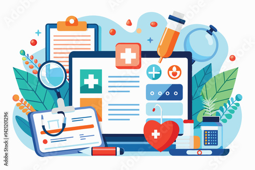 Colorful illustration depicting modern healthcare technology with medical tools and gadgets, emphasizing digital health and innovation in the medical field.