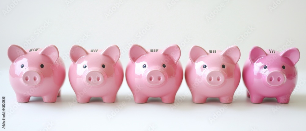 Group of Five Cute Pink Piggy Banks in a Row on White Background Group of Five Cute Pink Piggy Banks in a Row on White Background