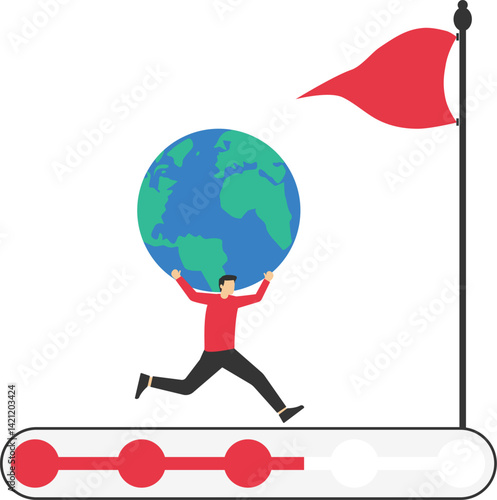 The world economy is progressing. businessman whose world runs on a progress bar stock illustration

