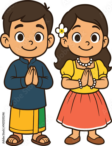 A cartoon traditional dressed sarong and frock kids couple in Sri Lankan style wish avurudu seasonal greeting Sinhalese new year