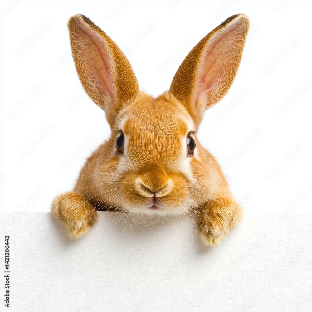Obraz premium Cute rabbit with large ears peeking over a white surface backdrop