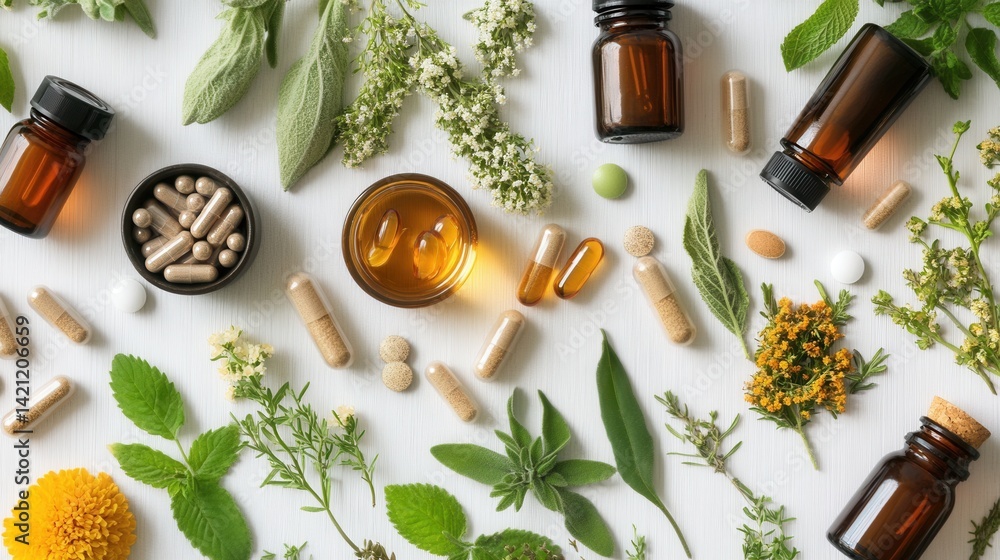 Natural health supplements and herbs arranged on a white surface Natural health supplements and herbs arranged on a white surface