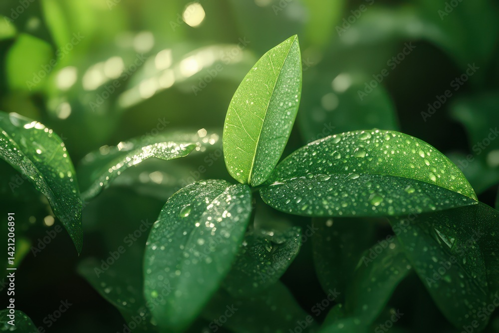 Fototapeta premium Green tea leaves dew drops closeup nature