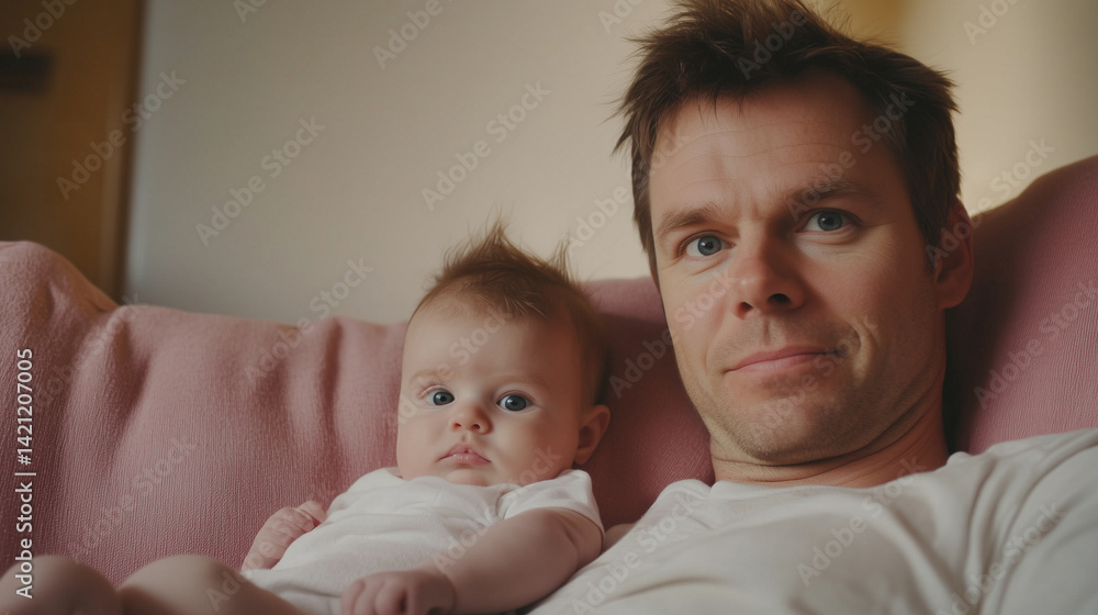 Portrait of a caucasian loving dad with a cute baby at home, sitting in sofa, bonding, togetherness. Beautiful photo, poster for father’s day. Happy family. Young man with child, daughter or son. Portrait of a caucasian loving dad with a cute baby at home, sitting in sofa, bonding, togetherness. Beautiful photo, poster for father’s day. Happy family. Young man with child, daughter or son.
