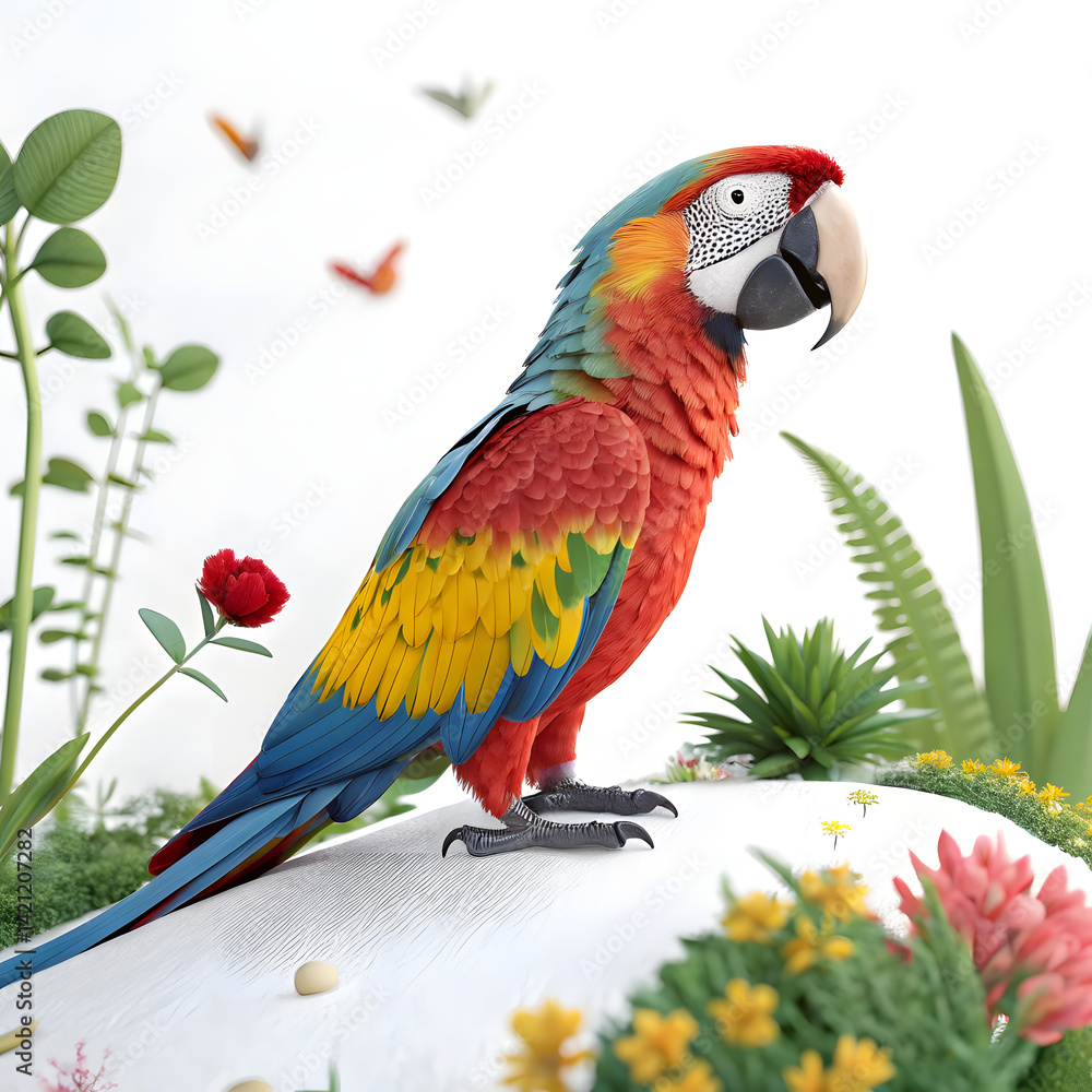 Obraz premium A colorful red, yellow, and blue macaw parrot perched on a branch in a tropical setting