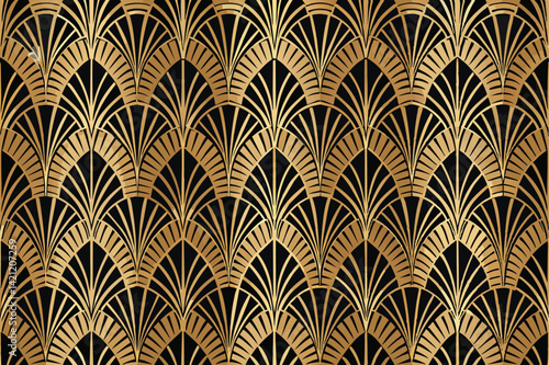 Luxurious art deco pattern featuring gold geometric shapes on a black background, evoking elegance and vintage style for sophisticated design projects.