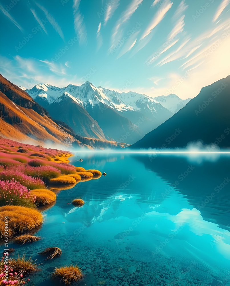 Obraz premium Hyper-realistic landscape with snow-capped mountains and misty reflections of tranquil lake beauty.
