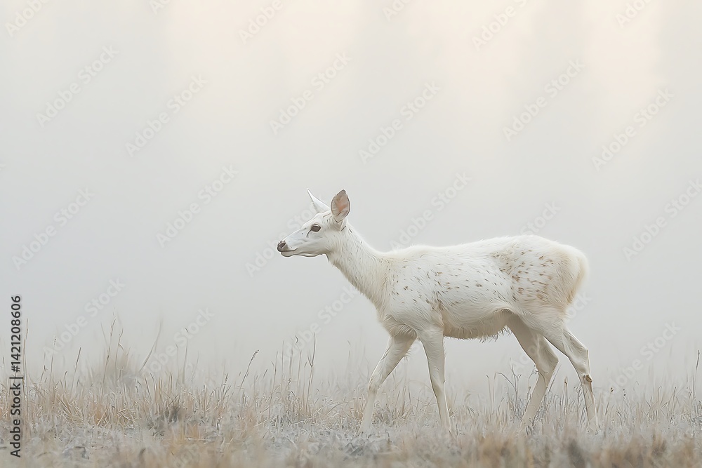 Obraz premium A stunning albino deer cautiously walking through a misty forest at dawn