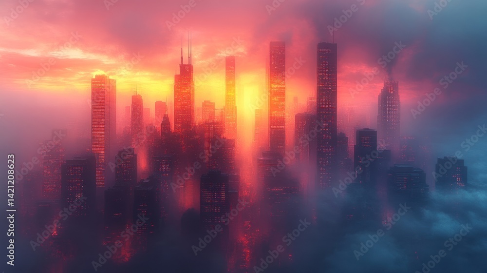 Fototapeta premium Fiery Sunset Over a Foggy Futuristic Cityscape