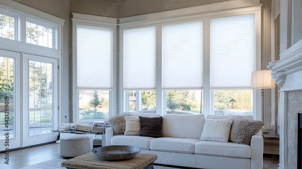 Fototapeta premium Elegant Living Room with Modern Cellular Shades enhancing natural light and providing privacy