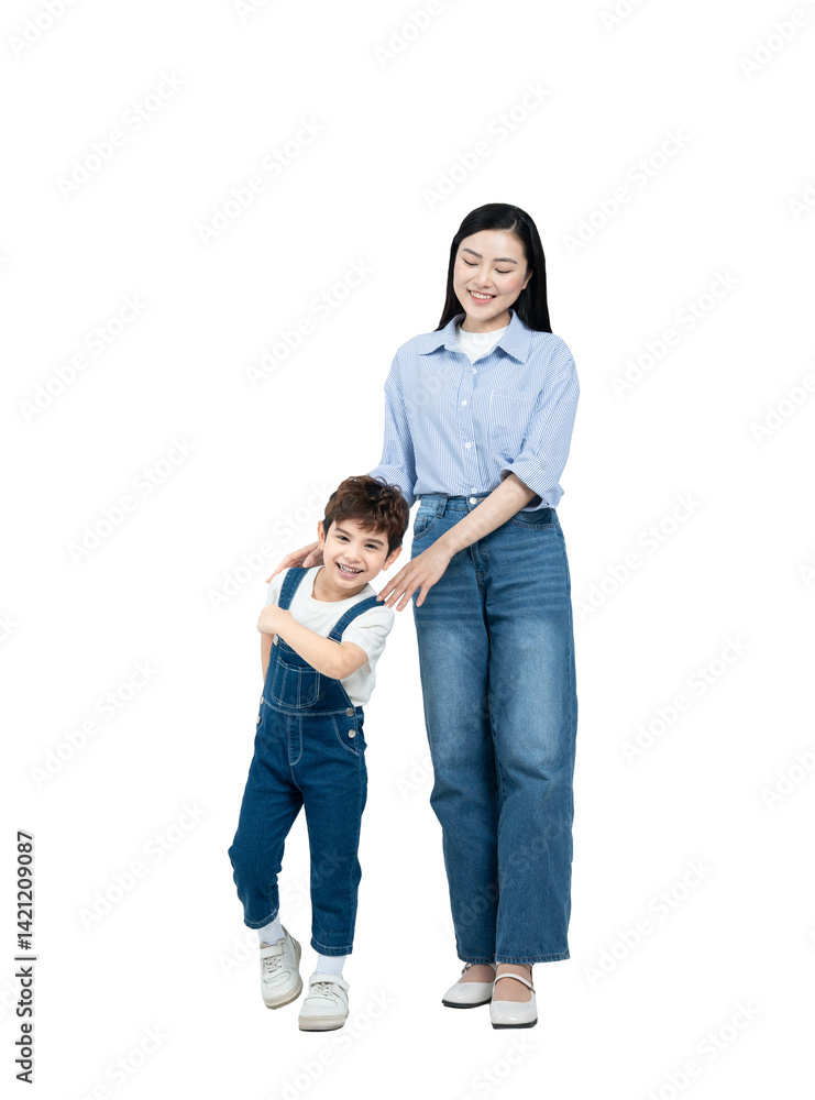 Full body image of Asian mother and boy posing on the background Full body image of Asian mother and boy posing on the background