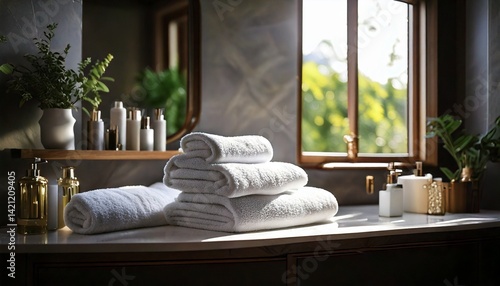 美しい洗面所、たたまれた奇麗で清潔な白いタオル