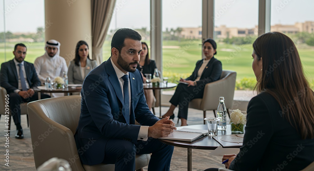 Business Meeting: Executives in Discussion at a Luxurious Venue Business Meeting: Executives in Discussion at a Luxurious Venue
