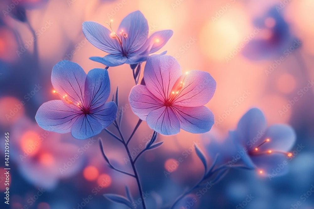 Glowing pastel flowers in soft light, sunset backdrop Glowing pastel flowers in soft light, sunset backdrop