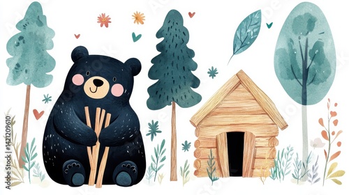 Cute kawaii bear placing sticks to form a tiny log cabin wall, joyful smile, watercolor texture, clean white background 