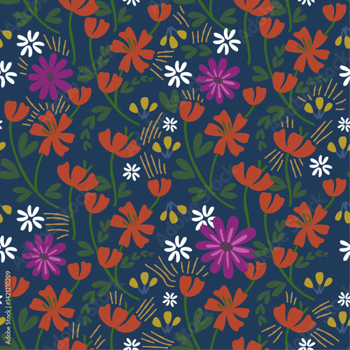 A seamless floral pattern featuring blossoms, elaborate nature elements. Perfect for fashion, fabric and wallpaper. Colorful hand draw flower ideal for spring and summer.